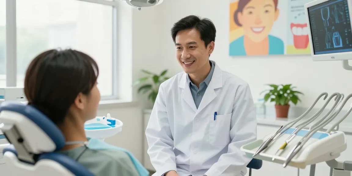 Visit a welcoming dental clinic where a friendly dentist consults with a patient, showcasing comfort and professionalism.