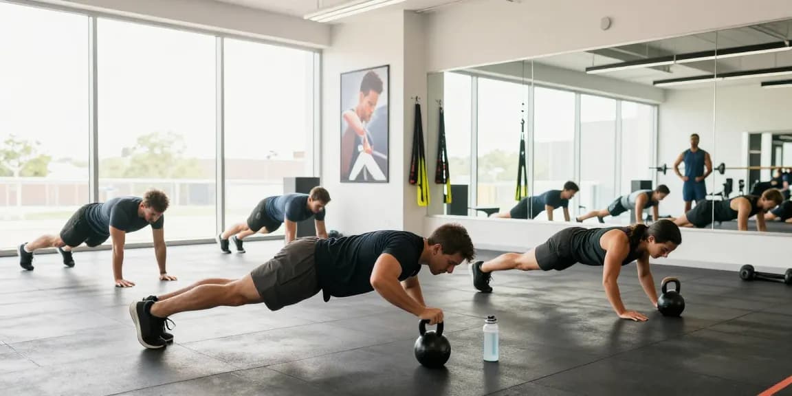 Latihan intensitas tinggi IMBAJP dengan atlet beraksi di gym yang modern dan cerah.