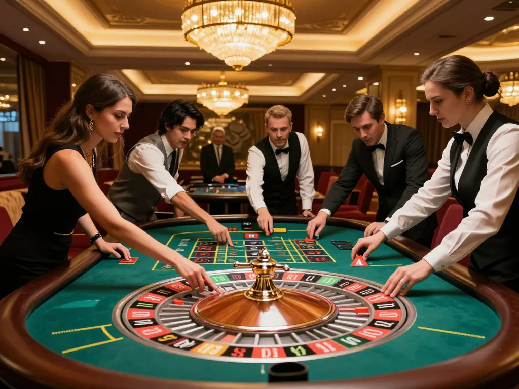 Players placing bets at a roulette table while enjoying the mb66an gaming experience in an upscale casino environment.