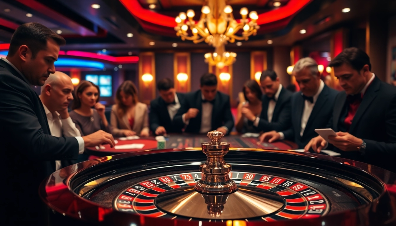 Pertaruhan buntogel menegangkan di meja roulette kasino dengan pemain terlibat.