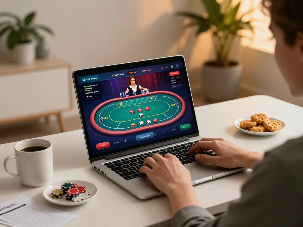 Fabet players strategizing their poker bets in a modern home gaming setup