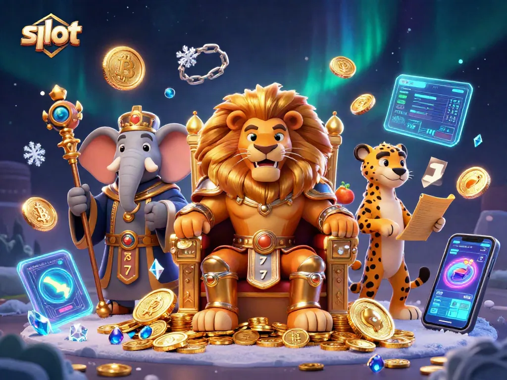 Putar slot dengan Raja Singa, Gajah Bijak, dan Cheetah Pesan, dikelilingi simbol buah dan koin crypto.