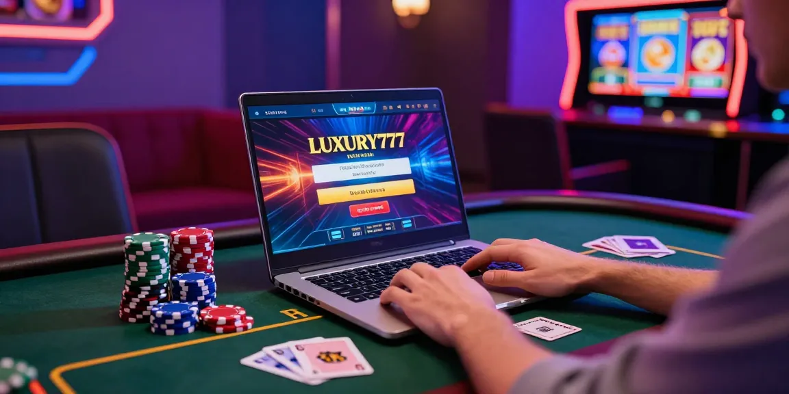Proses LUXURY777 Login di ruang permainan modern dengan laptop dan suasana menarik.