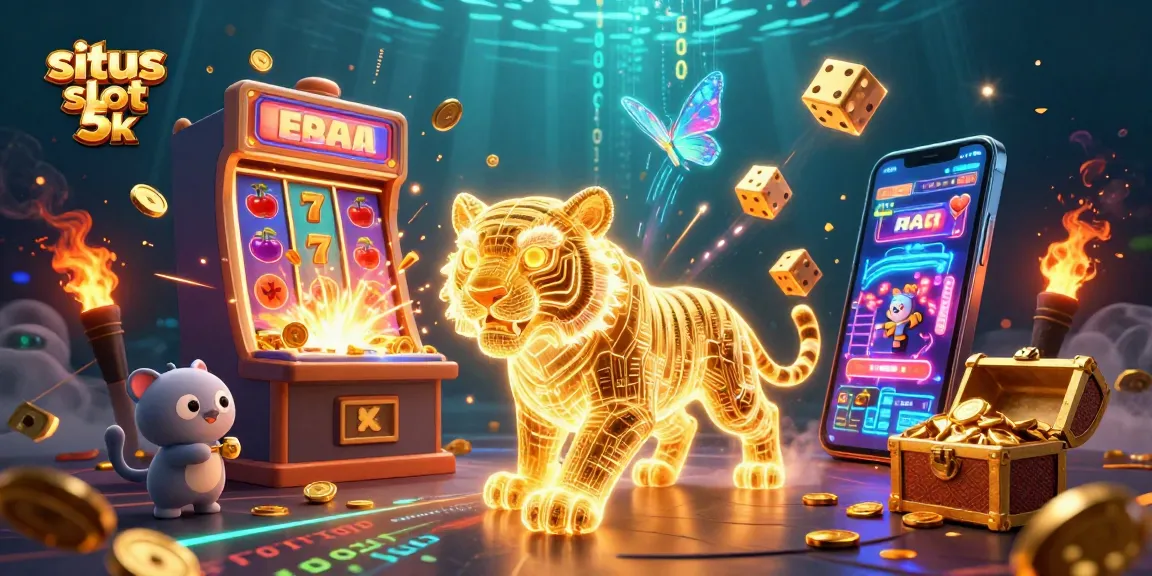Engage with situs slot 5k showcasing an energetic scene of a golden tiger in a digital casino bursting with vibrant game elements.