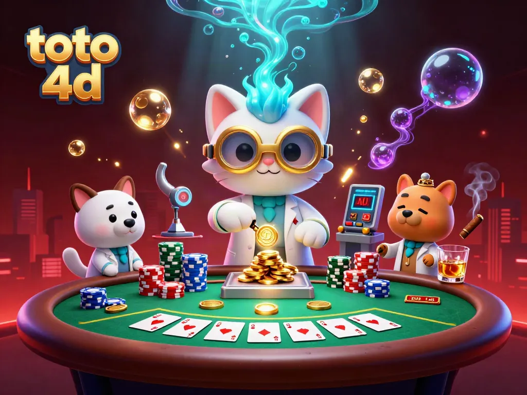 Engage in toto 4d excitement with vibrant 3D illustration featuring a mad scientist cat and lab assistant amidst dynamic casino elements.