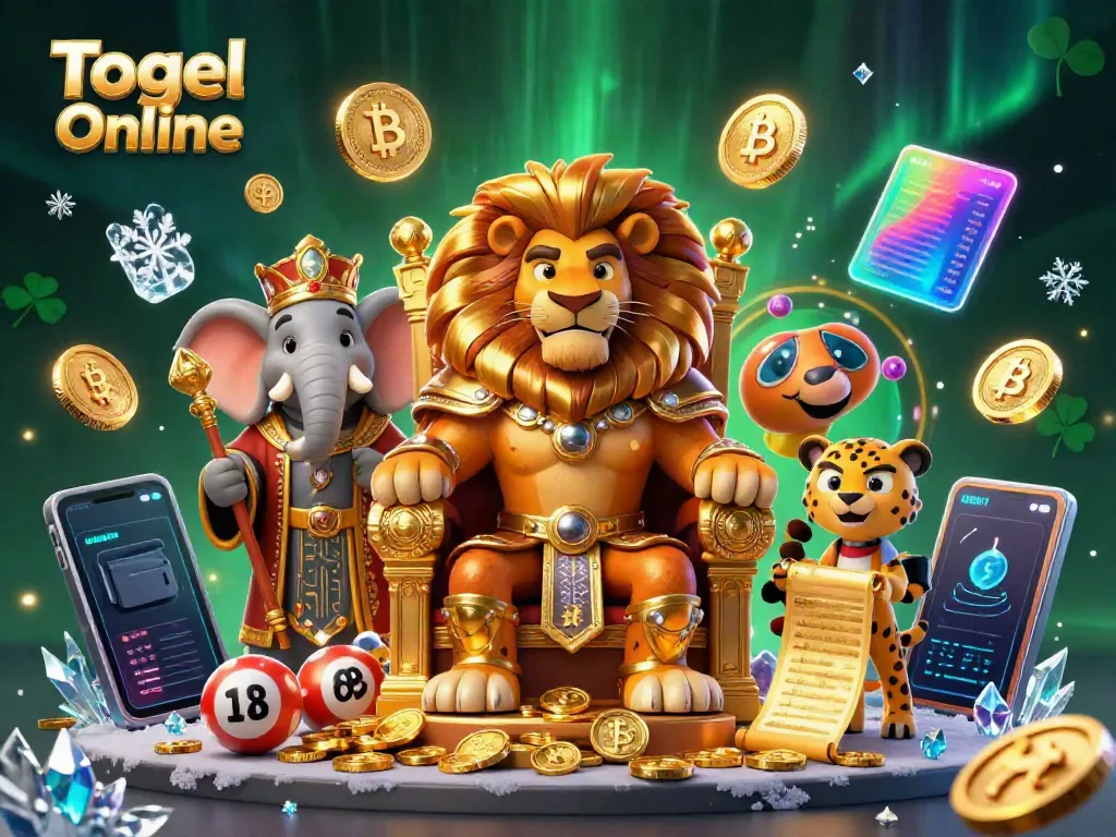 Togel Online 4D mendebarkan dengan karakter kucing raja, gajah yang bijak, dan cheetah membawa gulungan.