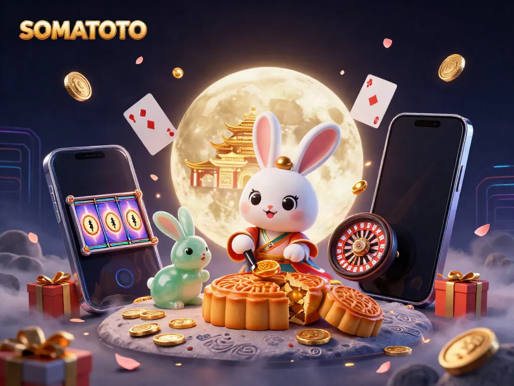 Experience the excitement of SOMATOTO as a whimsical moon rabbit reveals treasures in a vibrant casino setting.