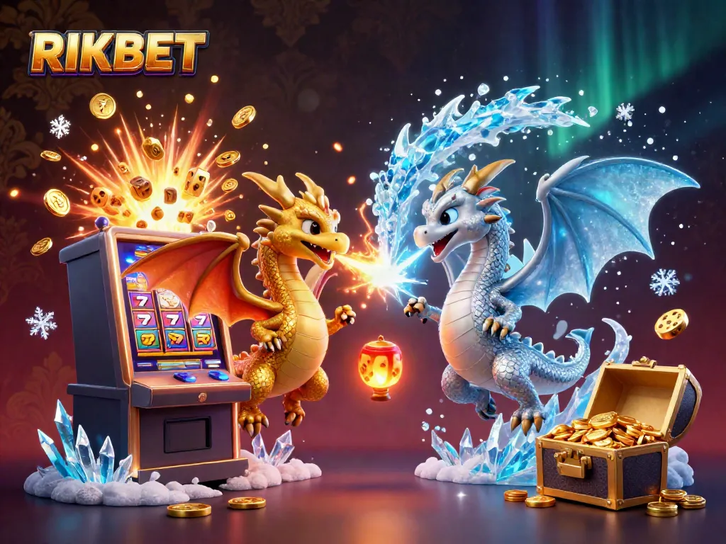 Experience thrilling adventures with RIKBET in a vibrant 3D scene featuring dragons, slots, and golden treasures.