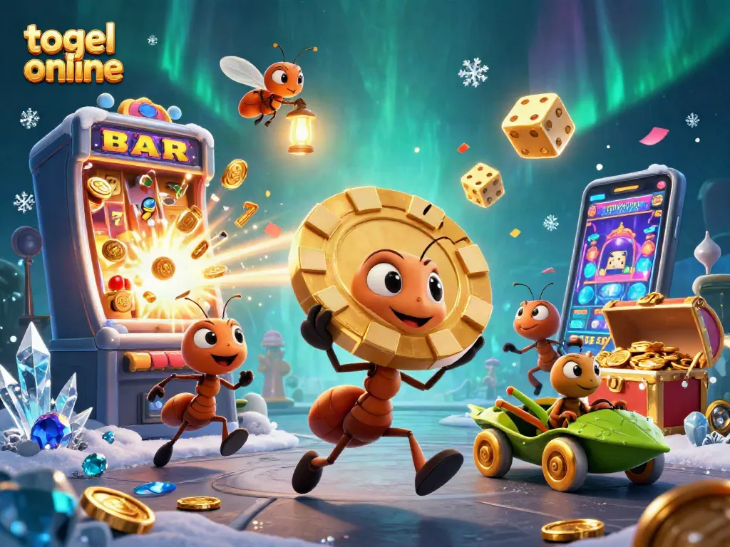 Ant melarikan diri dengan chip poker emas besar di kasino togel online yang penuh dengan harta karun.