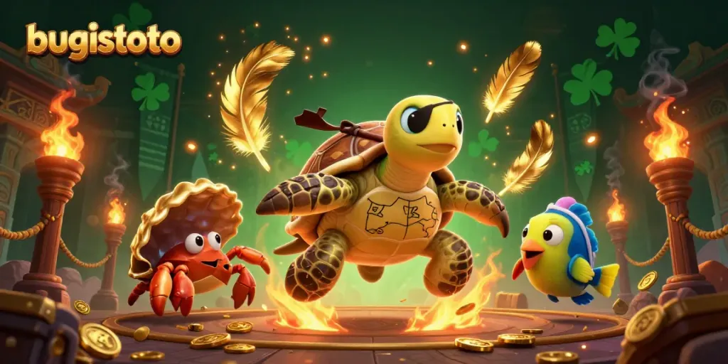 Experience the thrill of bugistoto with a vibrant 3D illustration showcasing pirate turtle and golden treasures.