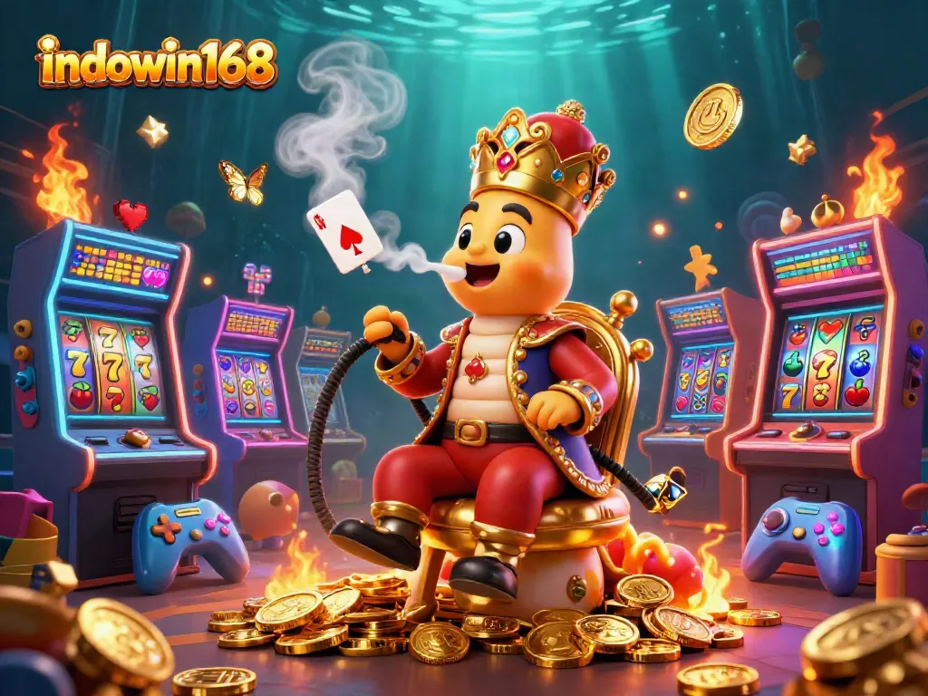 Experience the excitement of indowin168 with vibrant slots, sparkling coins, and a whimsical caterpillar casino master.