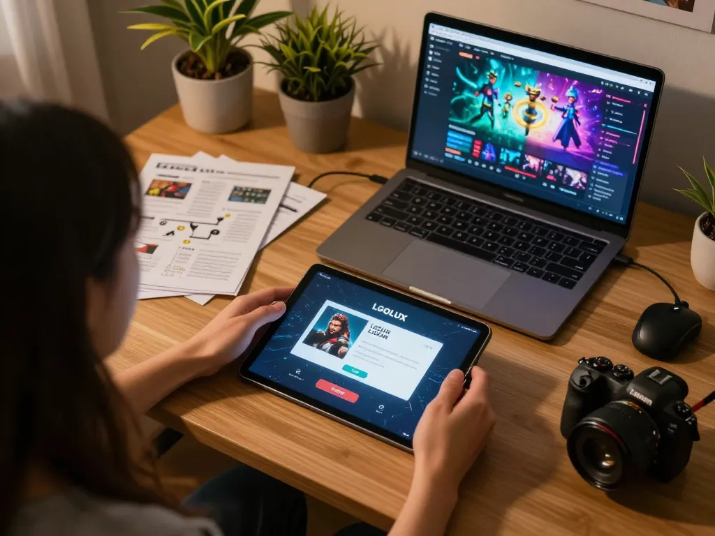 Person engaged in LGOLUX LOGIN on a tablet, showcasing an inviting home gaming atmosphere.