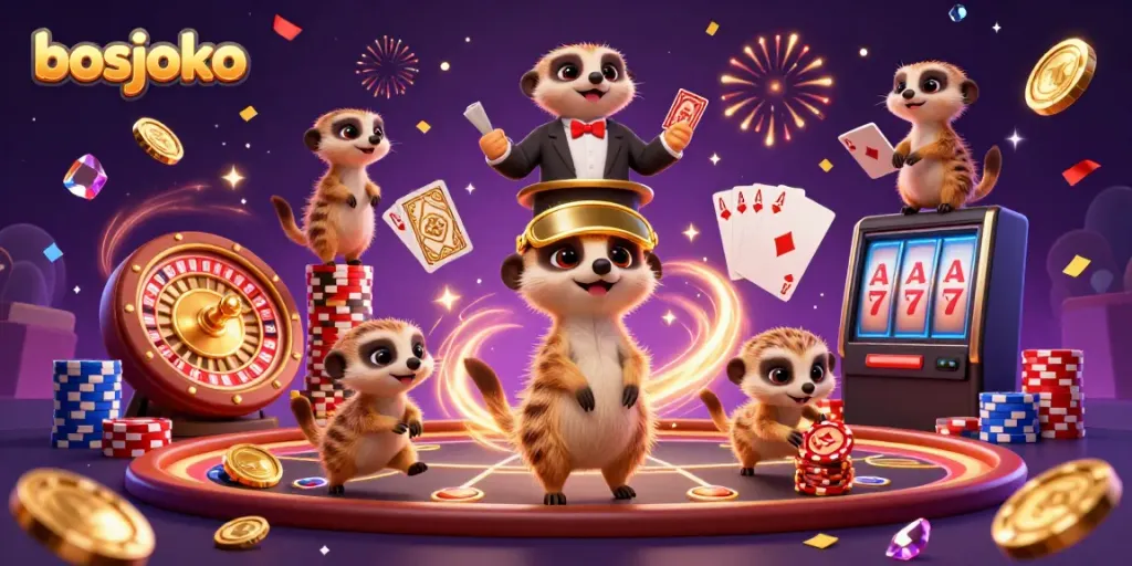 Experience the vibrant world of bosjoko with meerkats running a casino as coins and gems cascade around them.