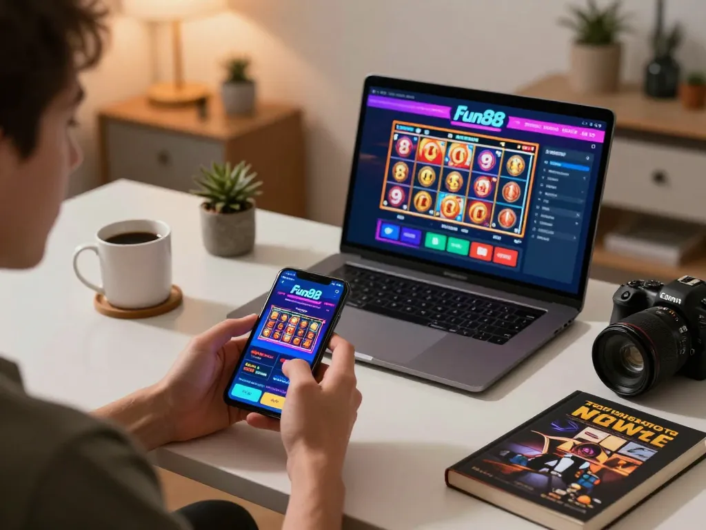 Player engaging with Fun88 app for thrilling online casino experience in stylish home office