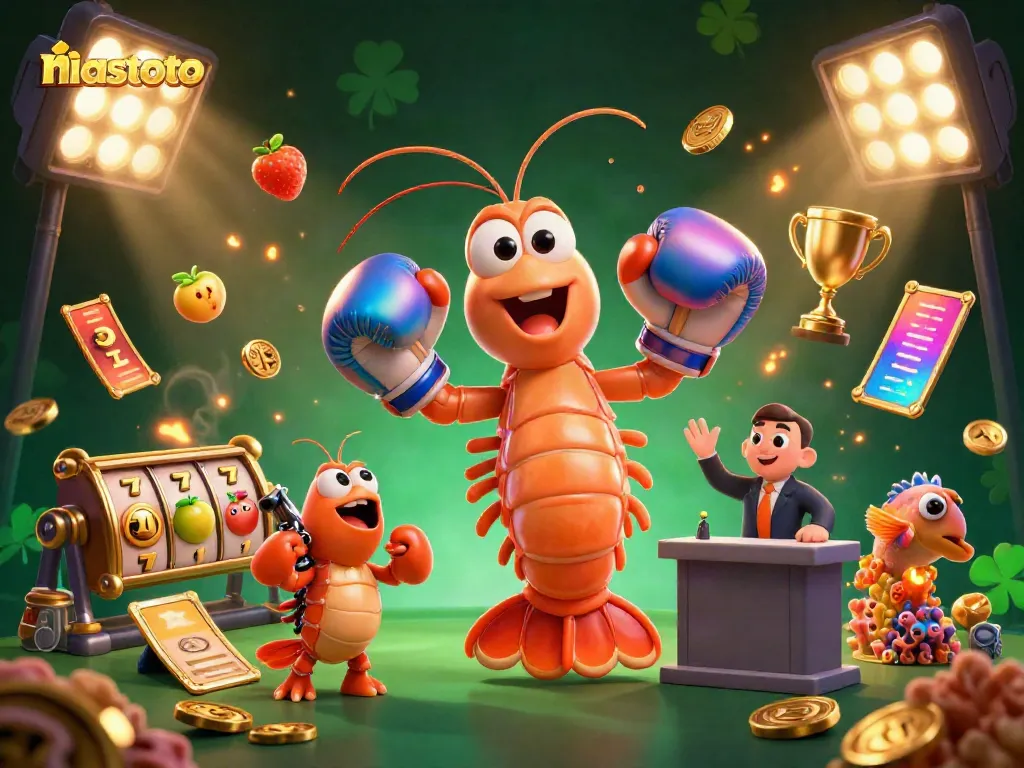Permainan niastoto dengan karakter udang mantis dan simbol jackpot, menambah keseruan judi.