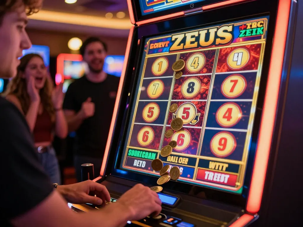 Player celebrating a big win on the slot zeus machine, vibrant casino atmosphere.