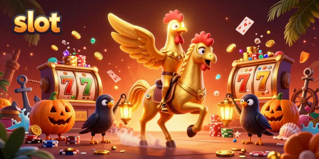 Experience the thrill of slot games with a golden rooster and dynamic casino elements.