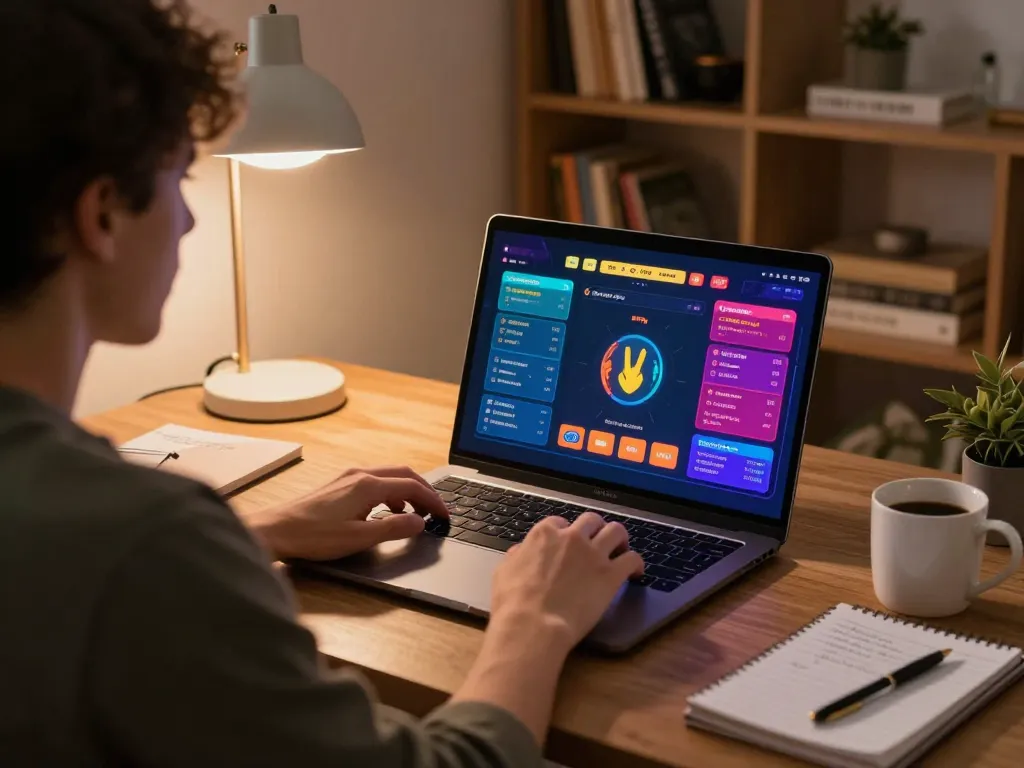 KADAL 778 user enjoying online gambling at home with warm lighting and stylish desk setup