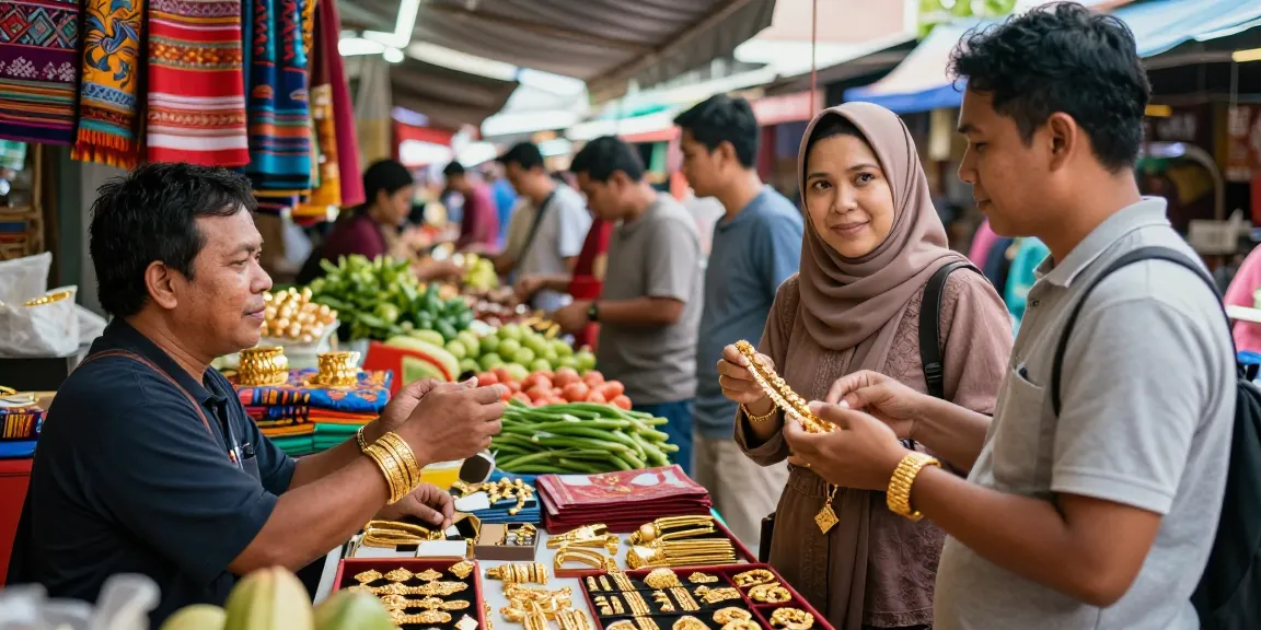 Pasar yang ramai dengan penjual perhiasan emas uangemas99, suasana hidup dengan interaksi pelanggan.