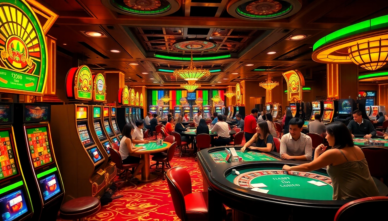 Engaged players enjoying the vibrant atmosphere of a casino floor at https://gg88.ltd/, showcasing excitement with colorful slot machines and poker tables.
