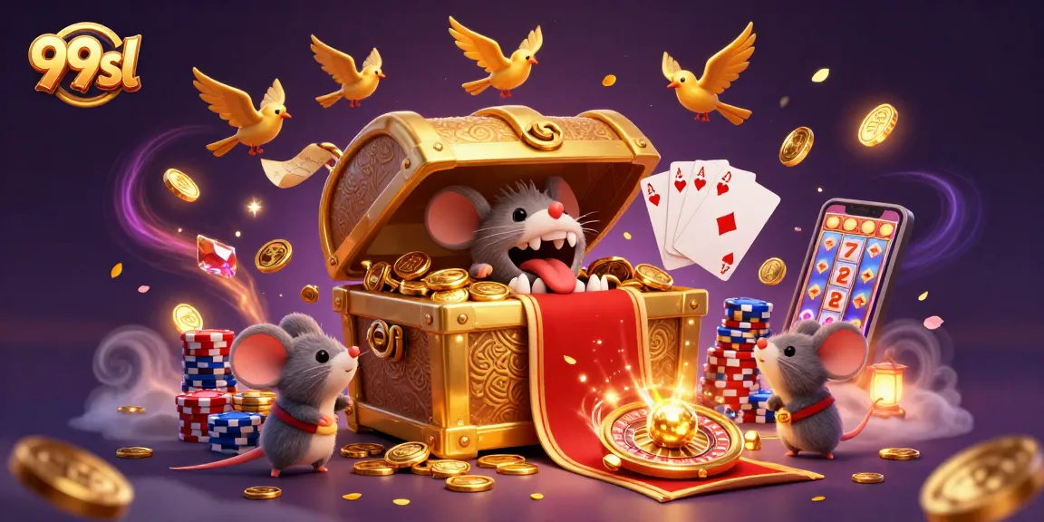 Play exciting games at 99sl, featuring a treasure chest and vibrant casino elements for thrilling experiences.