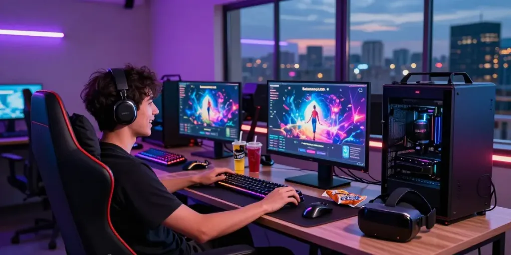 Gamer berinteraksi dengan aplikasi bukumimpi138 dalam studio permainan modern