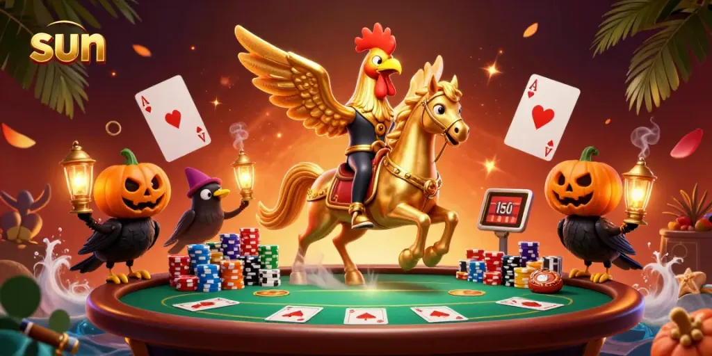 Experience the thrill of the sun-inspired casino adventure with a golden rooster and crow companions.