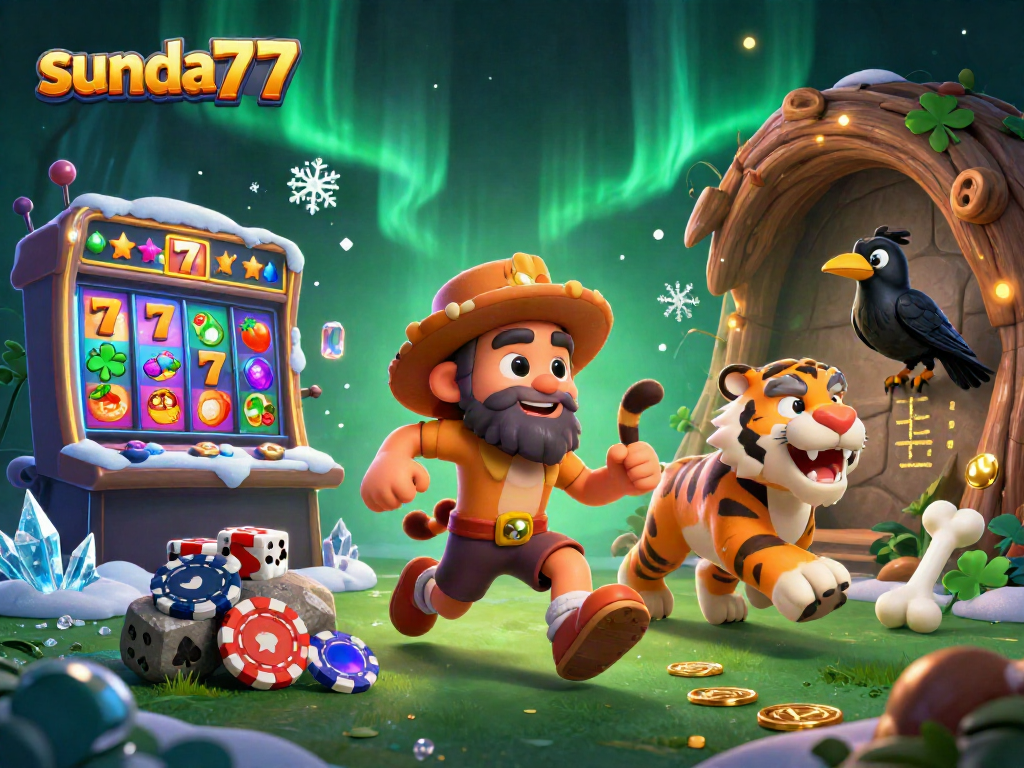 Gambarkan suasana bermain di sunda777 dengan karakter kucing sabertooth dan manusia gua di kasino prasejarah.