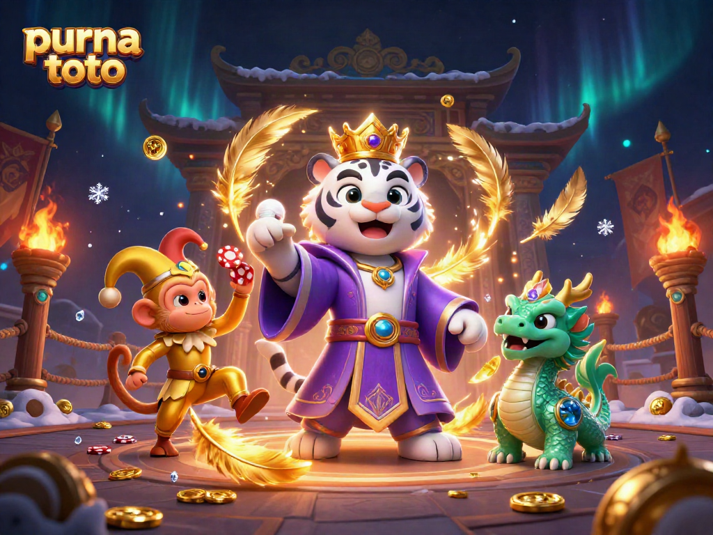 Permainan purna toto aktif dengan harimau putih karismatik dan monyet emas yang menjunjung poker chips.