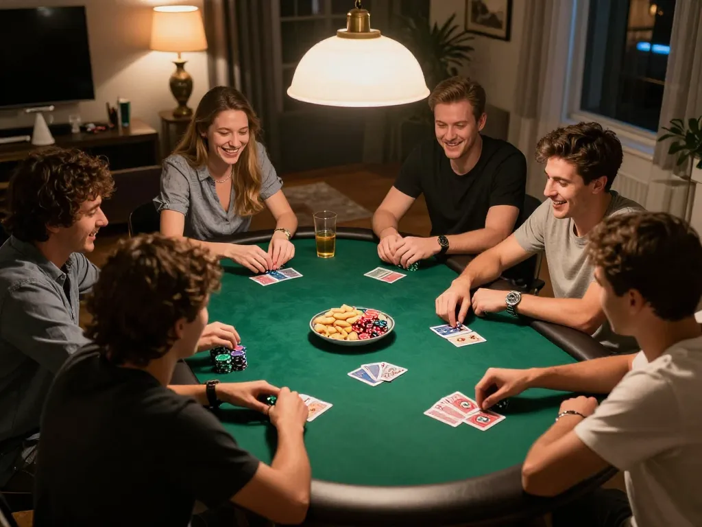 A lively home poker night at 78win with friends, showcasing active gameplay and friendly competition