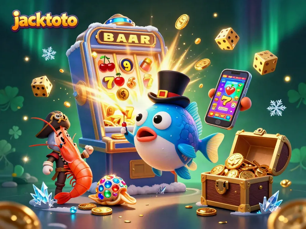 Spin and win with jacktoto in a vibrant 3D casino scene featuring treasures and games.
