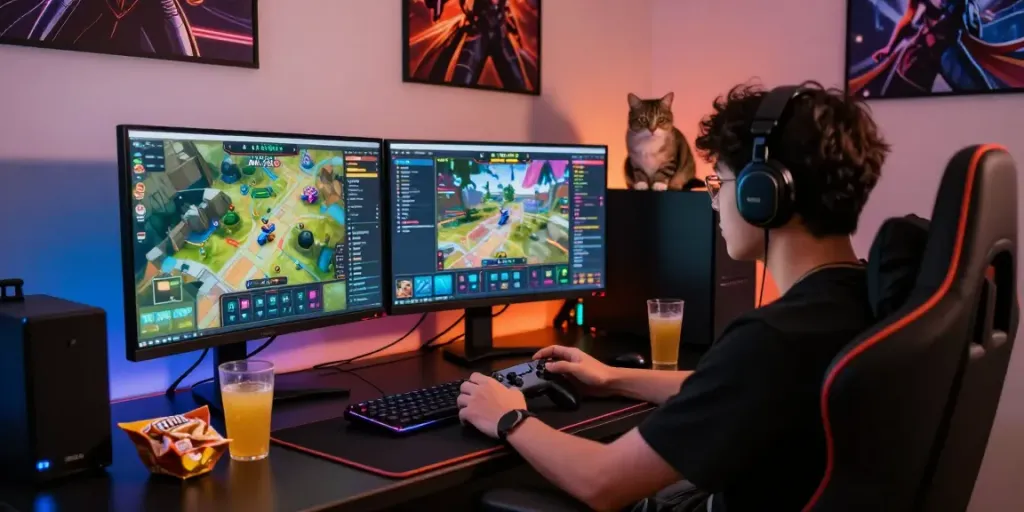 Pemain afk toto sedang bermain game online dengan antusias di ruang gaming modern, menampilkan layar dan kontroler game.