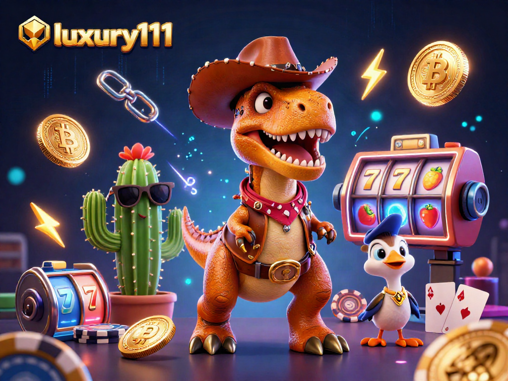 Play big with luxury111 in an exciting casino scene featuring a T-Rex, cactus, and roadrunner.