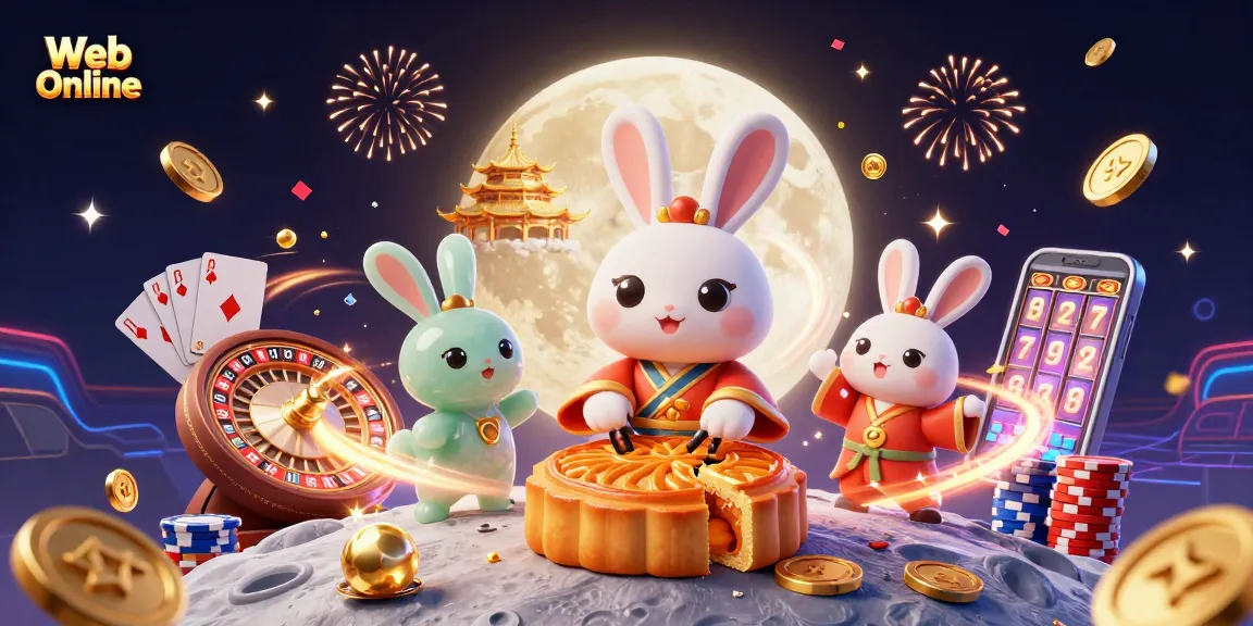 Engaging Web Online illustration showcasing a moon rabbit and jade rabbit in a rich casino environment.