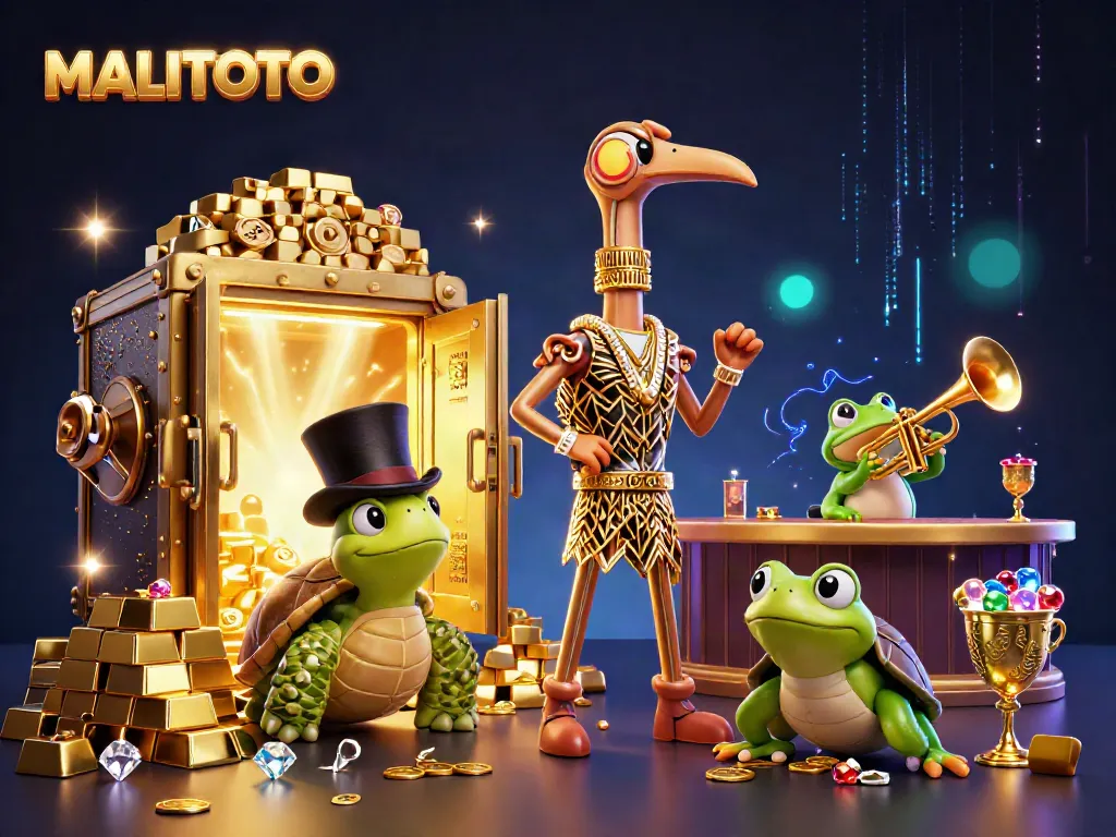 MALITOTO's vibrant 3D illustration showcases a lively speakeasy scene with playful casino elements like gold bars and jewels.