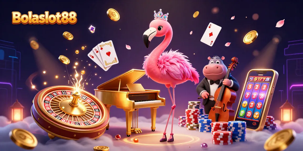 Bolaslot88 presents a vibrant casino scene with a flamingo singer, hippo bassist, and dazzling game elements.