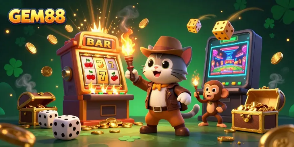 Experience GEM88's vibrant casino atmosphere with an archaeologist and monkey amidst gold and excitement.