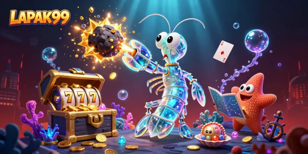 LAPAK99 showcases an epic gambling scene with a galactic samurai shrimp battling asteroids amid golden coins and slot reels, capturing excitement.