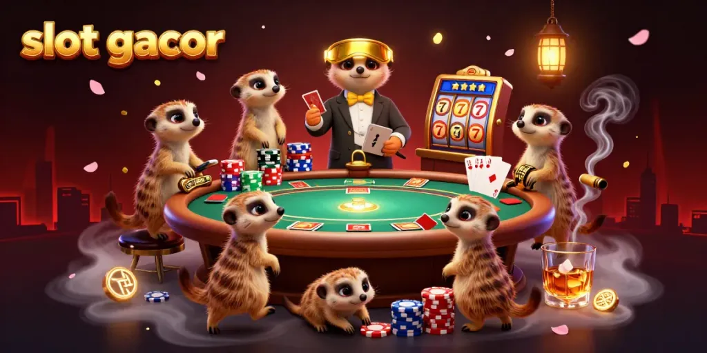 Experience the thrill of slot gacor with lively meerkats running a vibrant casino operation, showcasing dynamic game elements and engaging atmosphere.