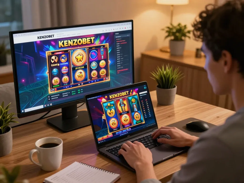 Play KENZOBET slots online with vibrant graphics in a cozy home office setup, enhancing the gambling experience.