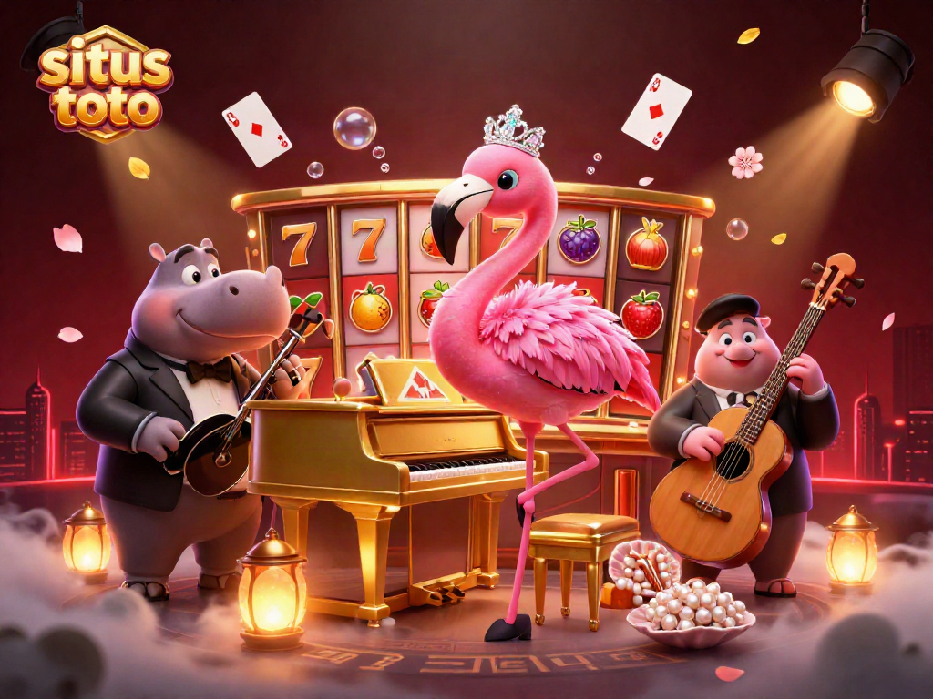 Gambarkan suasana situs toto yang meriah dengan penyanyi flamingo, pemain hippo, dan elemen slot yang penuh warna