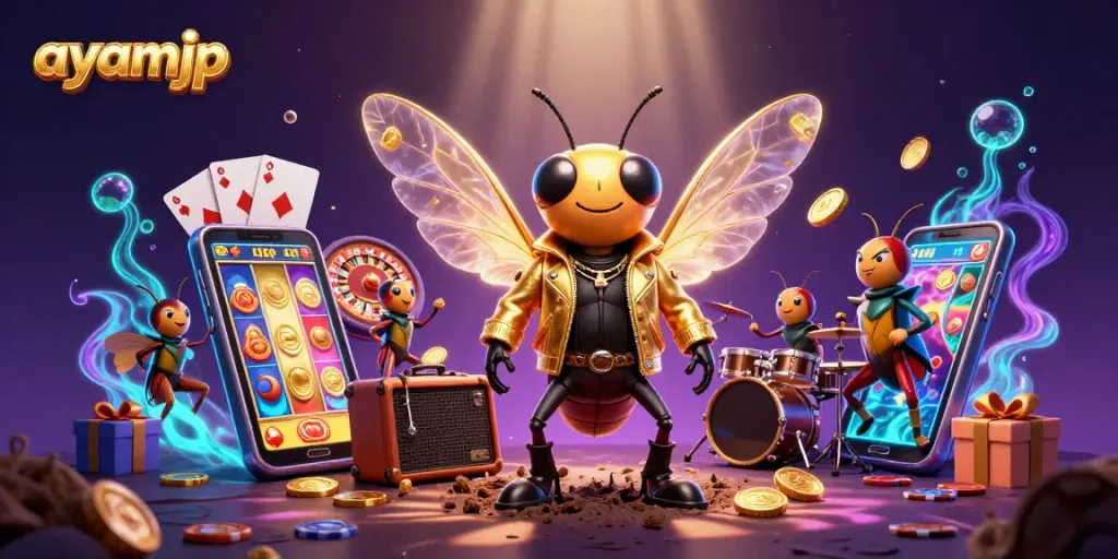 Engage with the ayamjp experience featuring a vibrant rock star scene in a casino setting, combining gaming elements.