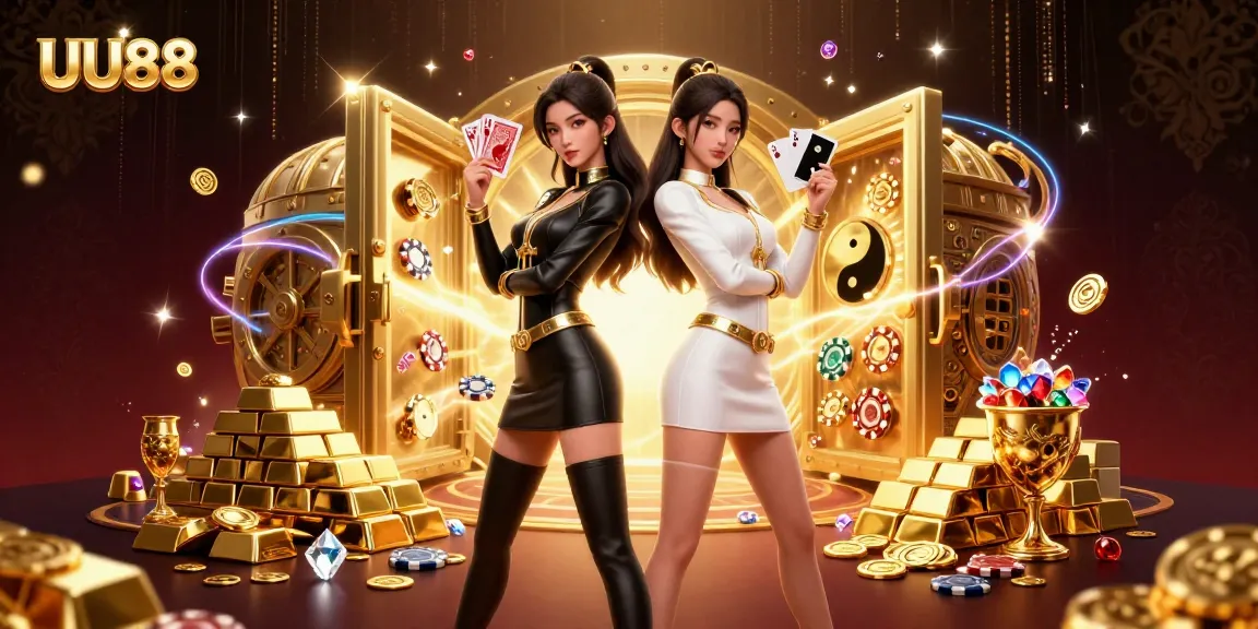 UU88 showcases twin Asian women with playing cards amid a lavish casino scene filled with gold and jewels.