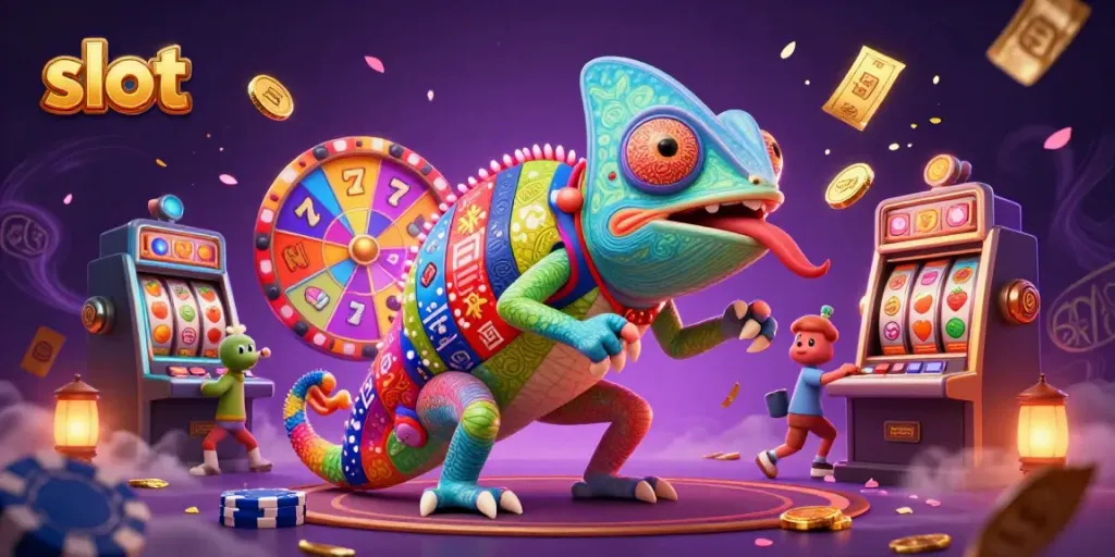 Slot yang menampilkan chameleon kasino menangkap koin emas dengan suasana kasino penuh warna dan energik.