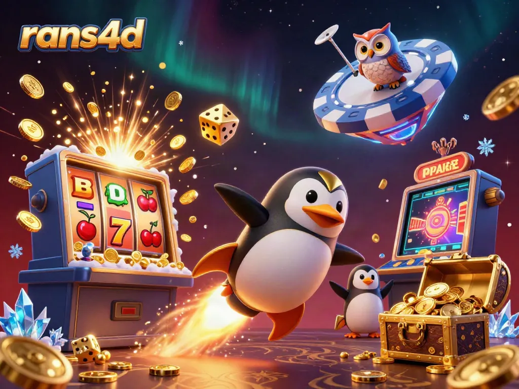 RANS4D menampilkan penguin emas bertenaga roket dalam platform kasino bertema luar angkasa.