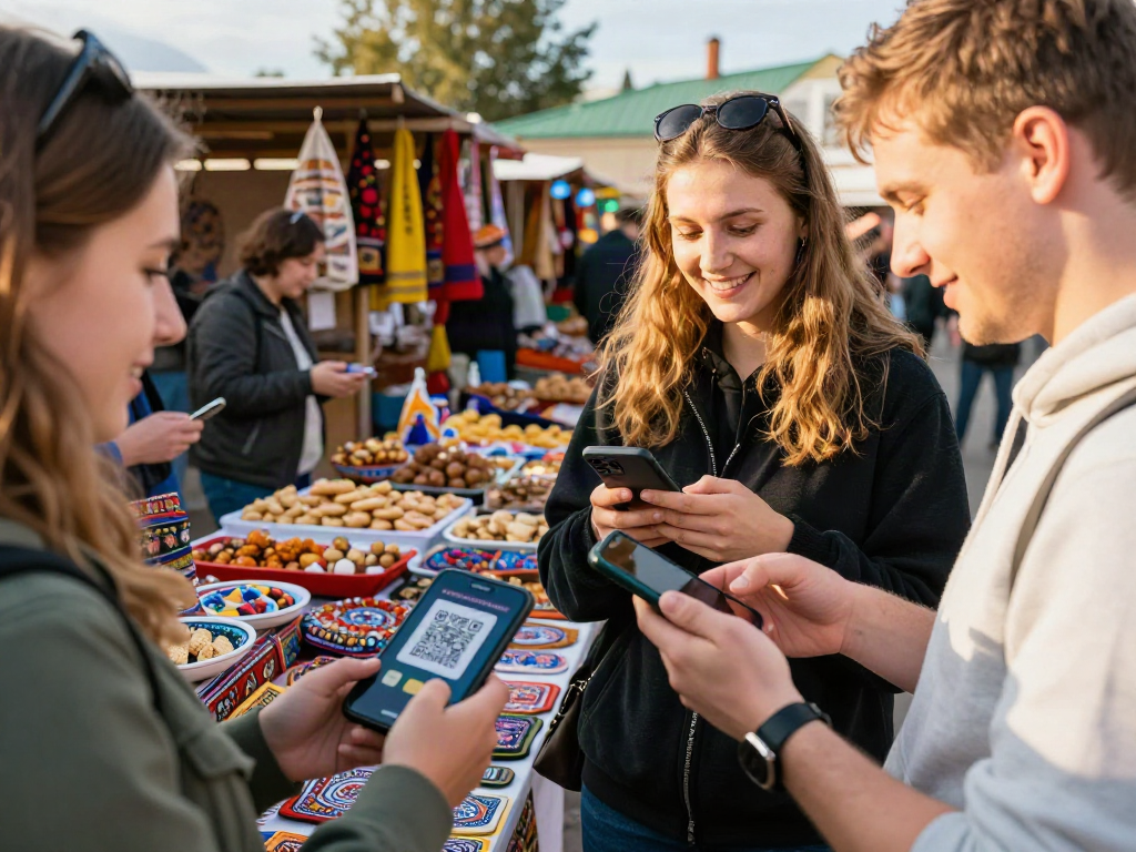 Pengunjung menggunakan https://payinrussia.com/ untuk pembayaran QR di pasar Rusia yang ramai.