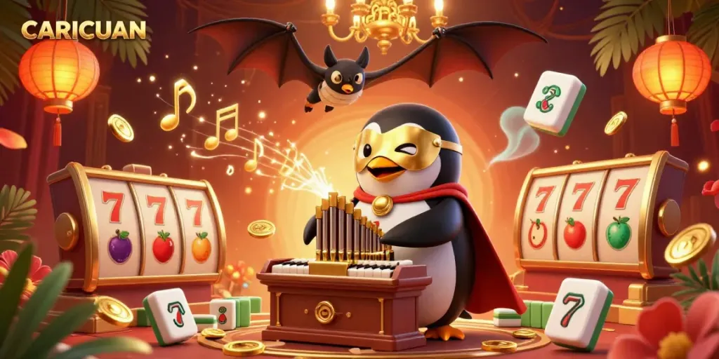 Experience CARICUAN slots with a golden penguin playing organ, lucky symbols flying, in a vibrant casino.