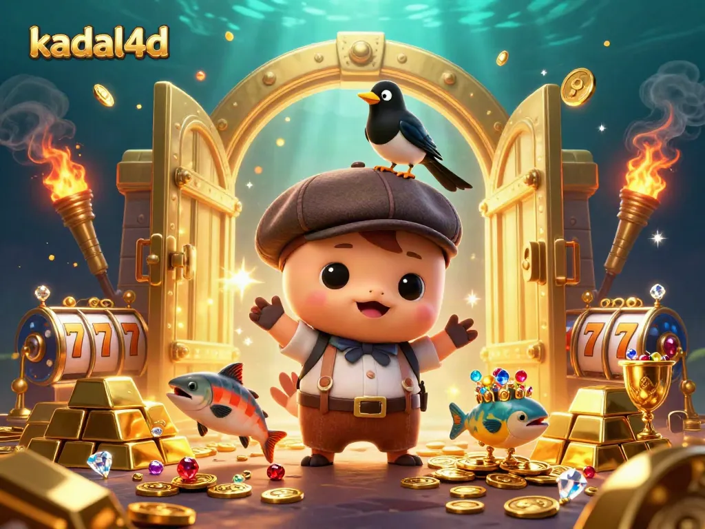 Experience the magic of kadal4d with colorful characters and dazzling golden treasures in this vibrant casino scene.