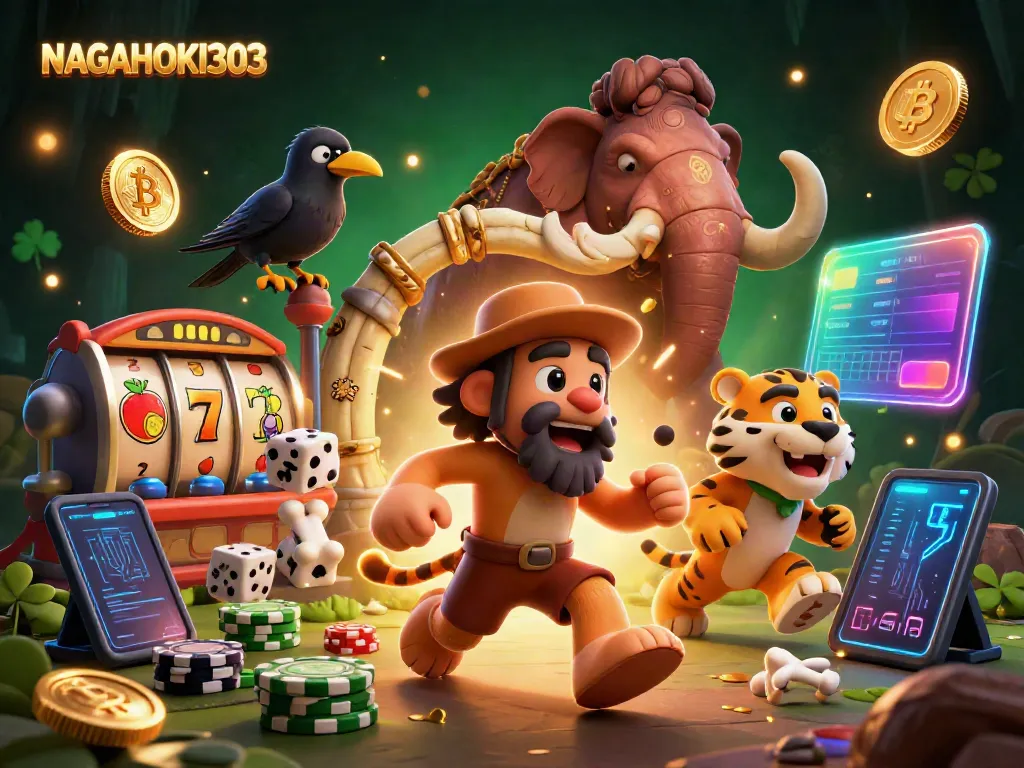 NAGAHOKI303 engaging players in a vibrant prehistoric casino scene with fruit symbols and glowing crypto elements.