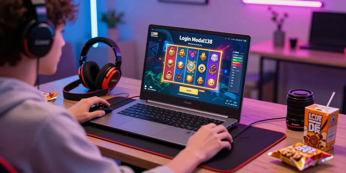 Login Modal138 tampilan antarmuka permainan slot online dengan pemain yang antusias.